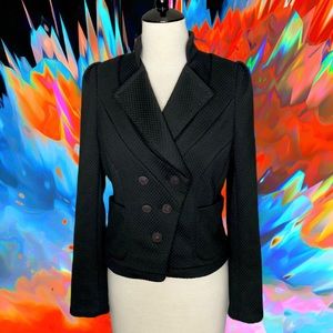 BLACK Double Breasted Cropped Jacket w-Ruched Shoulders & Silver Buttons -M- EUC
